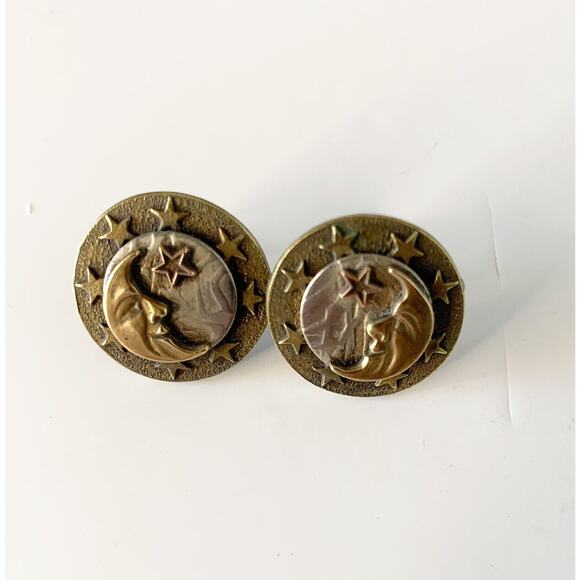 Vintage Jewelry - VTG Celestial Moon & Stars Circle Mixed Metal Earrings Pierced Stud Earrings
